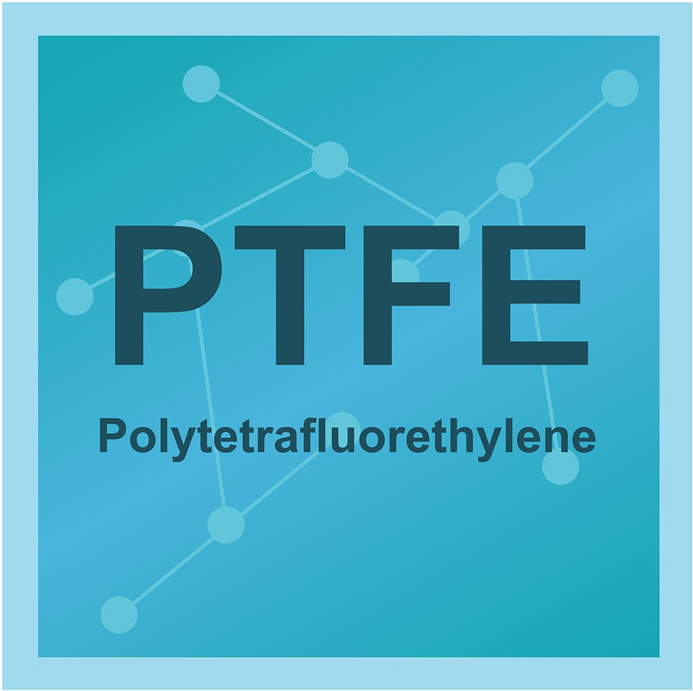 A blue box with the acronym PTFE on it and the full name – Polytetrafluorethylene – below it.