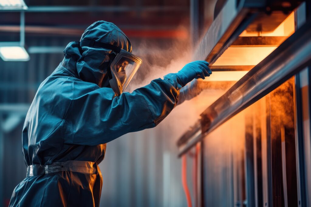 a factory worker in safety gear applying powder coating to metal