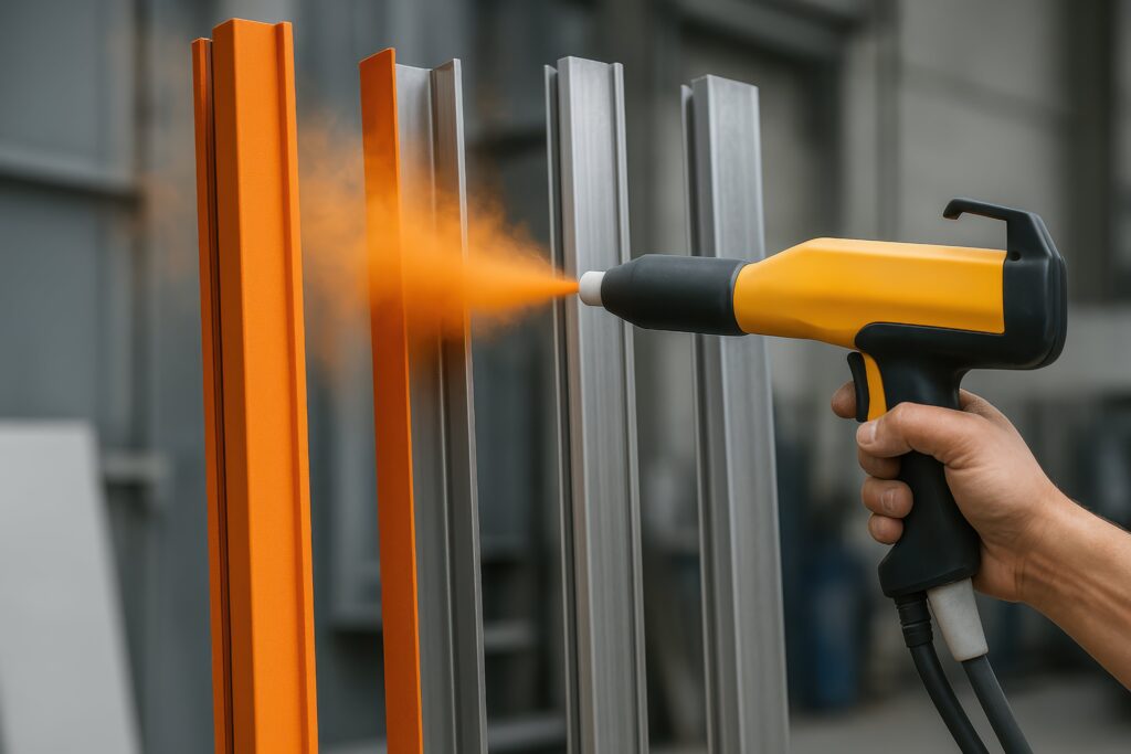 A worker applying orange powder coating to aluminum.