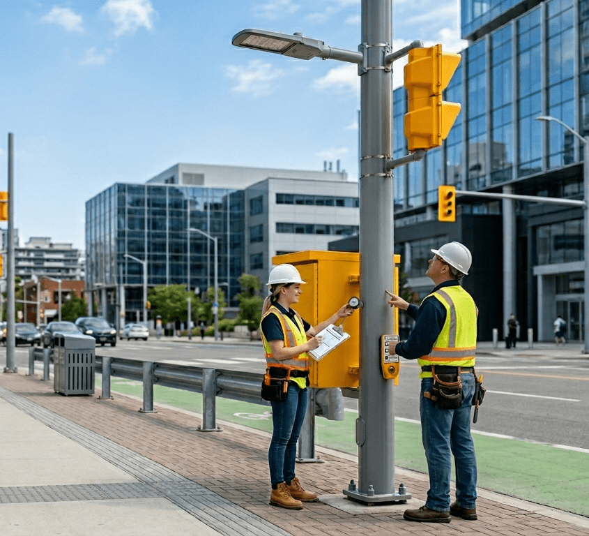 Public workers at a traffic light.