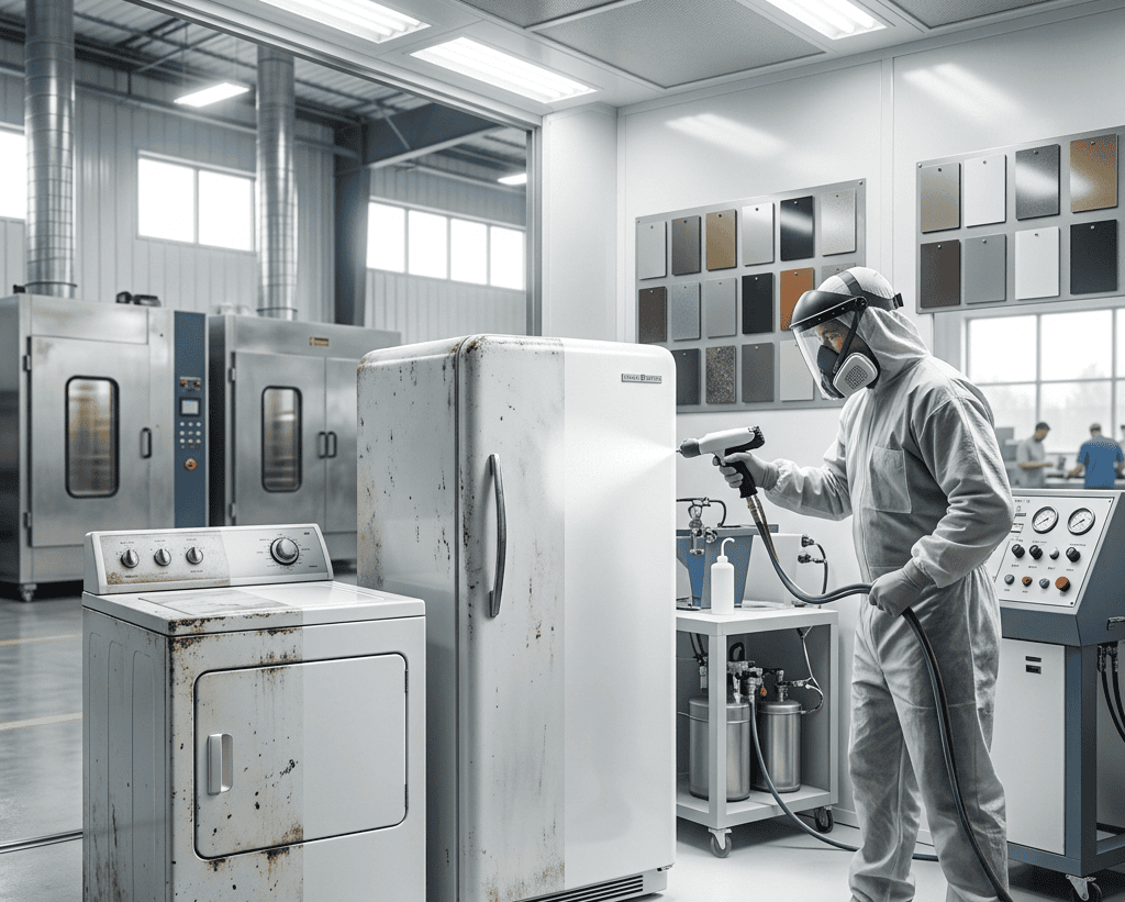 A person in a white suit powder coating an appliance.
